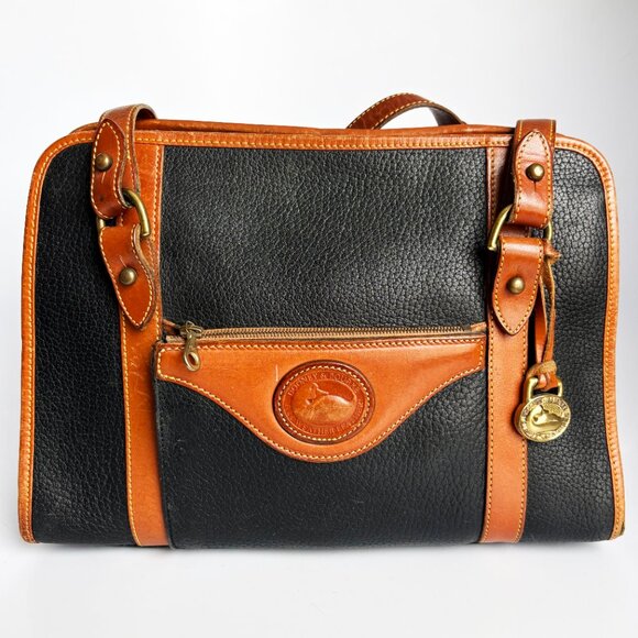 Vintage Dooney & Bourke Shoulder Bag Black All Weather Leather Tan Trim … - Picture 3 of 10